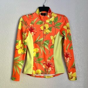 SHEILA MOON Orange Yellow Floral Hibiscus Long Sleeves Cycling Athletic Tops S